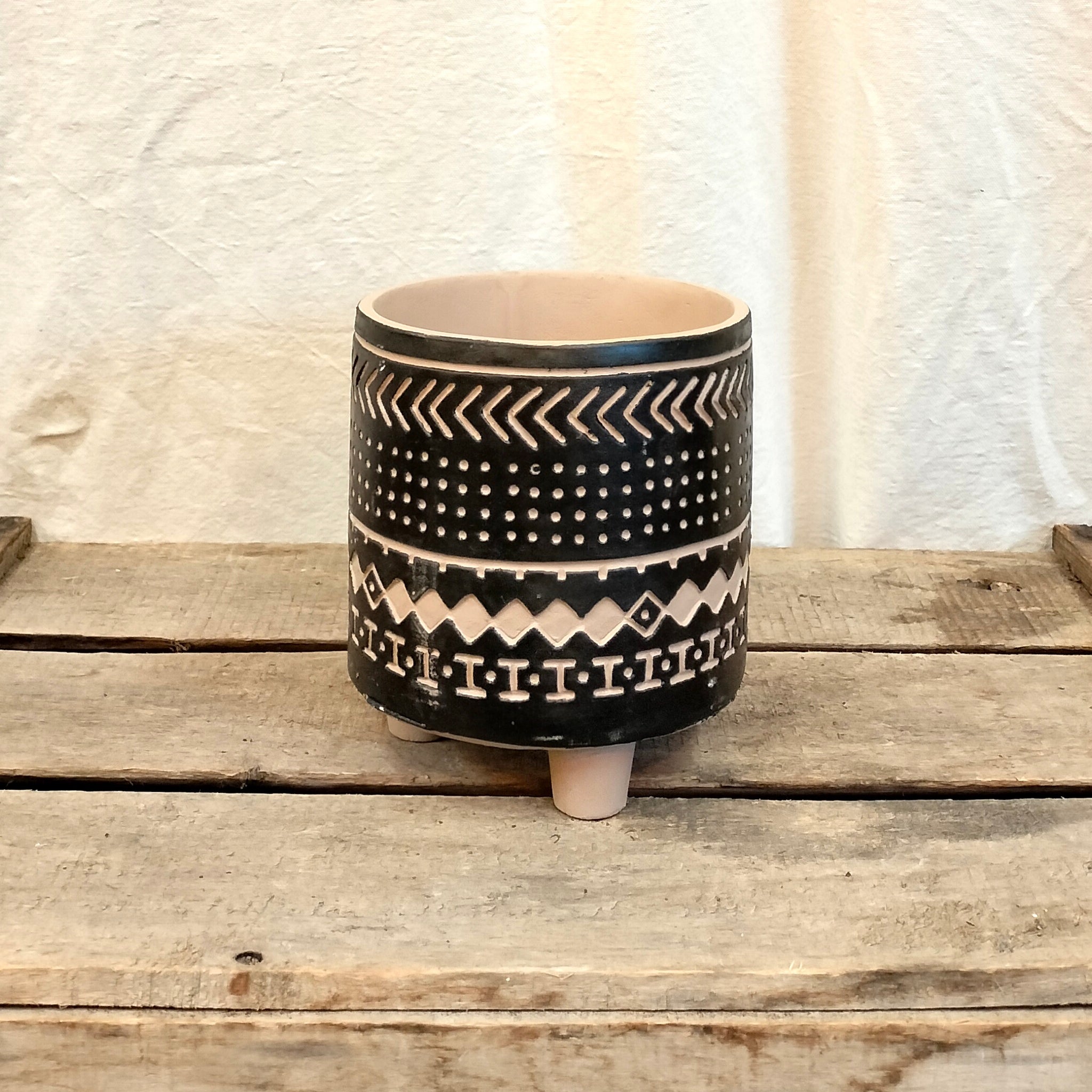 aztec print plant pot Black Aztec Pot with Legs – Rooted & Co